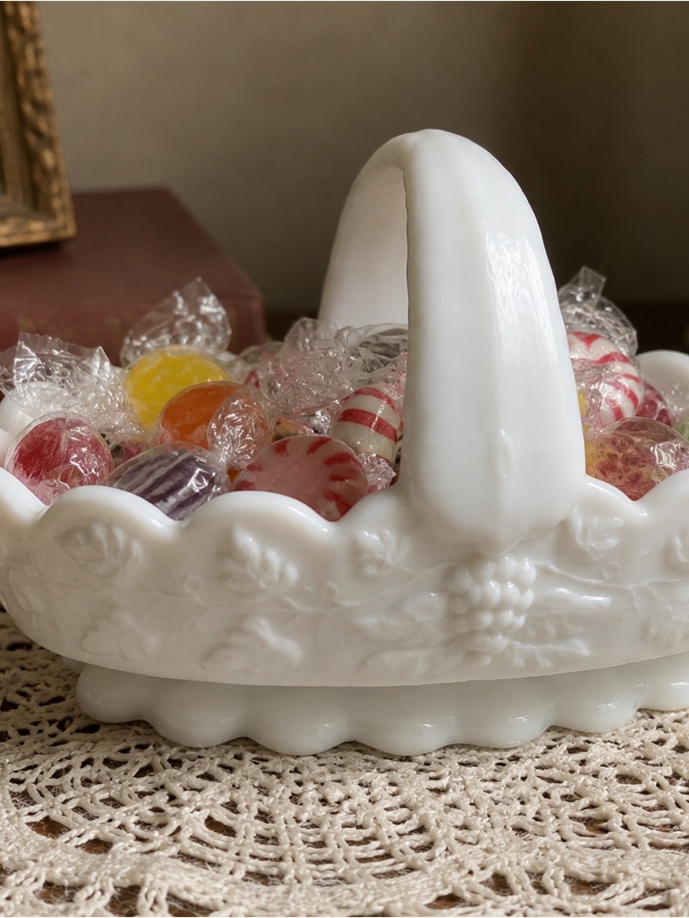 Vintage Westmorland Milk Glass Basket Grape Vine Pattern Approx 7” Across MCM